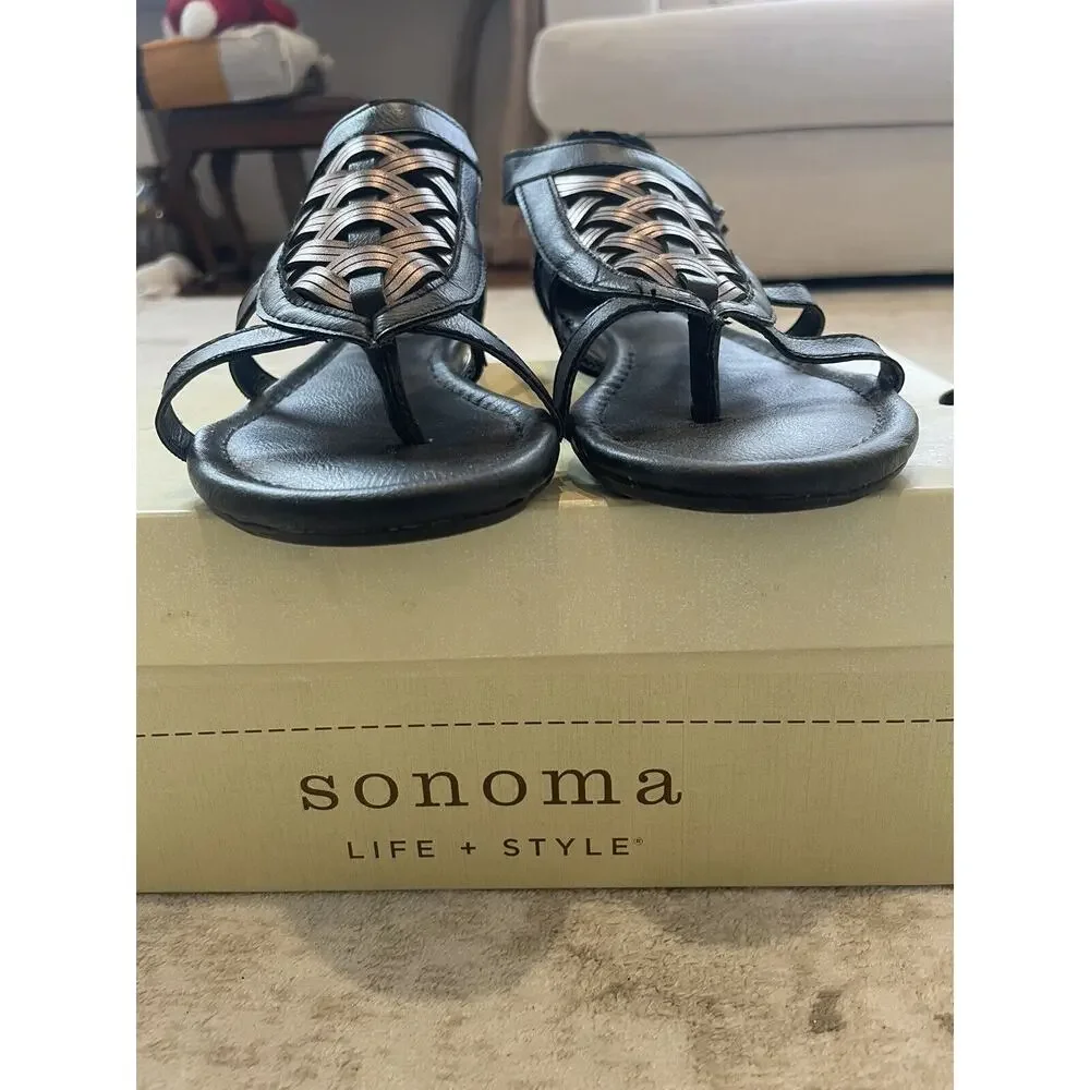 Kohls Sonoma Style Sandals Black Metallic Gray‎ Sz 8 Buckle Zip Close EUC W/ Box